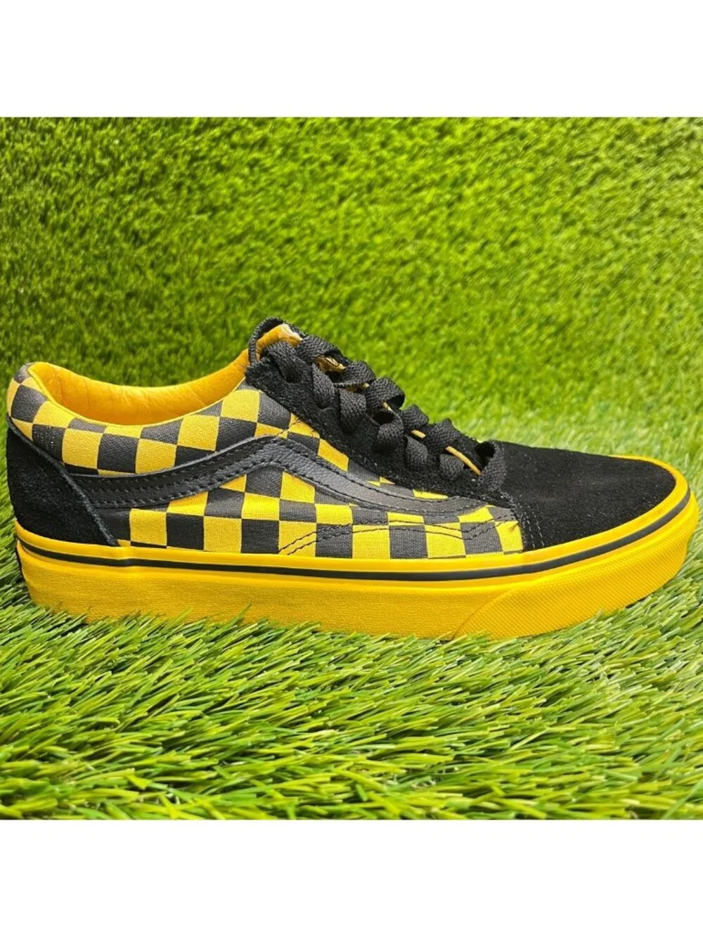 Vans Old Skool Chex Womens Size 6.5 Black Yellow Athletic Skate Shoes Sneakers